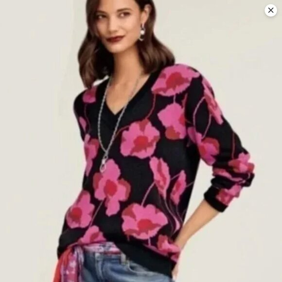 Cabi Rococo Floral Deep V Neck Pullover Sweater Womens M Black Pink Poppy Bloom - Picture 8 of 8